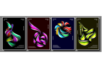 Liquid&2C; Brush Poster Set Vector. Multicolored Object. Drop&2C; Oil. Surreal Graphic. Vibrant Gradients Shape. Illustration