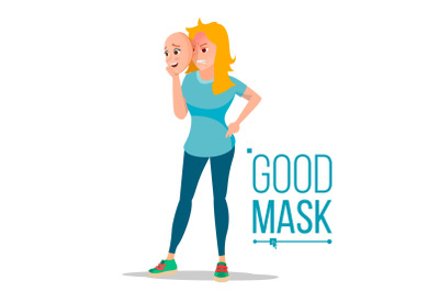 Angry Woman Wear Good Mask Vector. Bad, Tired Female. Fake Person. Deceive Concept. Isolated Flat Cartoon Business Character Illustration