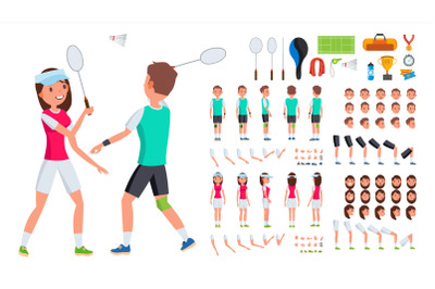 Badminton Player Male, Female Vector. Animated Character Creation Set. Man, Woman Full Length, Front, Side, Back View. Badminton Accessories. Poses, Emotions, Gestures. Flat Cartoon Illustration