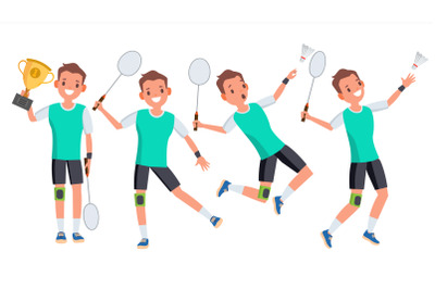 Badminton Male Player Vector. Playing In Different Poses. Man Athlete. Isolated On White Cartoon Character Illustration