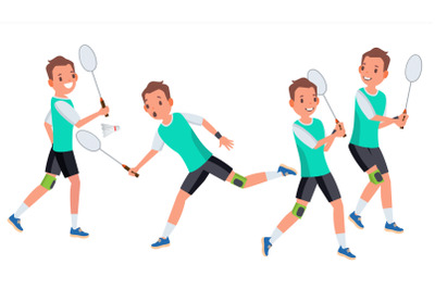 Badminton Male Player Vector. In Action. Racket. Modern Sport, Hobby. Holding Shuttlecock. Cartoon Character Illustration