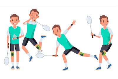 Badminton Man Player Male Vector. Athlete In Uniform. Jumping, Practicing. Cartoon Athlete Character Illustration