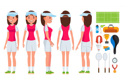 Badminton Player Female Vector. Summer Game. Shuttlecock. Isolated Flat Cartoon Character Illustration