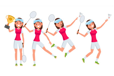 Badminton Young Woman Player Vector. Girl Athlete Player. Jumping, Practicing. Flat Cartoon Illustration