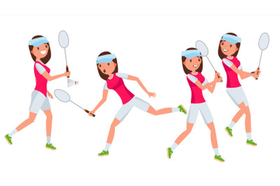 Badminton Female Player Vector. Playing In Different Poses. Woman. Athlete Isolated On White Cartoon Character Illustration