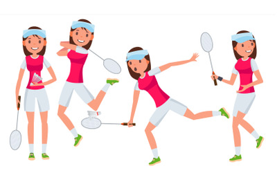 Badminton Female Player Vector. In Action. Championship Training. Cartoon Character Illustration