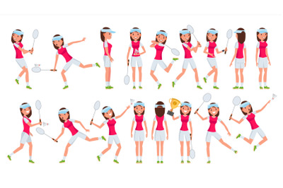 Badminton Girl Player Female Vector. Playing. Athlete In Uniform. Cartoon Athlete Character Illustration