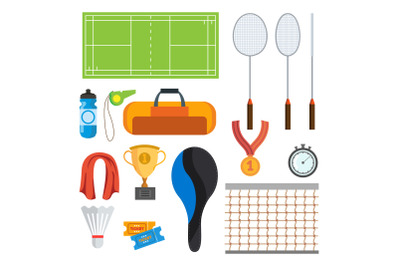 Badminton Icons Set Vector. Badminton Accessories. Isolated Flat Cartoon Illustration