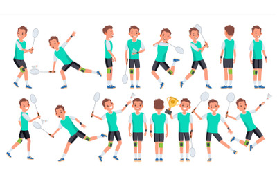 Badminton Player Male Vector. Summer Activity. Championship Training. Isolated Flat Cartoon Character Illustration