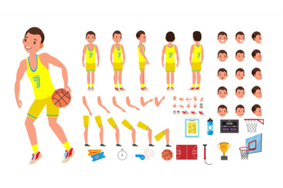 Basketball Player Male Vector. Animated Character Creation Set. Basketball Player Man. Full Length, Front, Side, Back View, Accessories, Poses, Face Emotions. Isolated Flat Cartoon Illustration