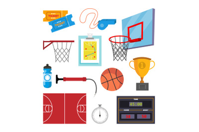 Basketball Icons Set Vector. Sport Basketball Symbol And Accessories. Isolated Flat Cartoon Illustration