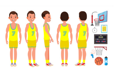 Basketball Player Male Vector. Different Position. Healthy Lifestyle. Isolated Flat Cartoon Character Illustration