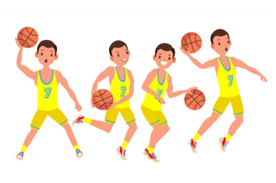 Modern Basketball Player Man Vector. Sports Concept. Running Jump With Ball. Sport Game Competition. Isolated On White Cartoon Character Illustration