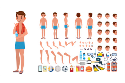 Man In Swimsuit Vector. Animated Male Character In Swimming Trunks. Summer Beach Creation Set. Full Length, Front, Side, Back View. Poses, Face Emotions, Gestures. Isolated Flat Cartoon Illustration