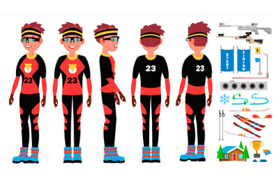 Biathlon Player Male Vector. Ski Race Skier Athlete. Ski Tracks. Winter Games. Isolated Flat Cartoon Character Illustration