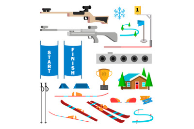 Biathlon Icons Set Vector. Biathlon Accessories. Target, Gun, Target, Start, Finish. Isolated Flat Cartoon Illustration