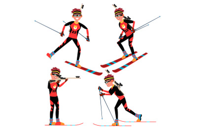 Biathlon Male Player Vector. In Action. Sportsman In Ski Biathlon Competition. Sporting Equipment. Cartoon Character Illustration