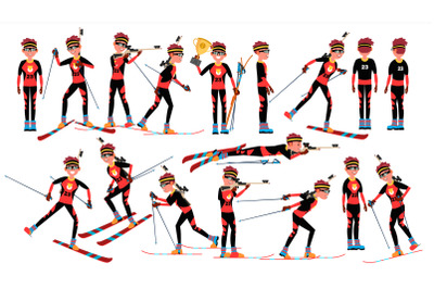 Biathlon Man Player Male Vector. Running In Biathlon Rise. Venue In The Forest. Cartoon Athlete Character Illustration