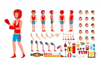 Boxing Player Vector. Animated Character Creation Set. Fighting Sportsman Male. Full Length, Front, Side, Back View, Accessories, Poses, Face Emotions, Gestures. Isolated Flat Cartoon Illustration