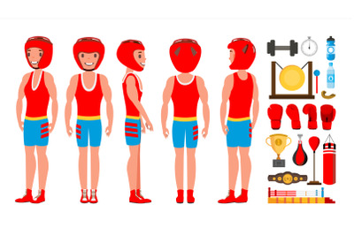 Professional Boxer Boxing Vector. Boxer Champion On Arena. Different Poses. Isolated Flat Cartoon Character Illustration