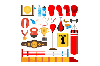 Boxing Equipment Tools Set Vector. Box Accessories. Boxer, Ring, Belt, Punch Bags, Red Gloves, Helmet. Isolated Flat Cartoon Illustration