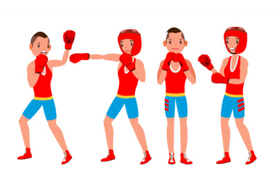 Boxer Player Vector. Strength Male Athlete In Action. Training And Fighting. Flat Cartoon Illustration