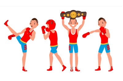 Boxer Sportsman Vector. Player Boxing. Different Poses. Sparring Match. Isolated On White Cartoon Character Illustration