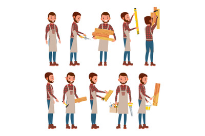 Professional Carpenter Vector. Foreman. Male In Different Poses. Profession. Flat Cartoon Illustration