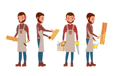 Carpenter Vector. Worker. Different Poses. Full Length. Flat Cartoon Illustration