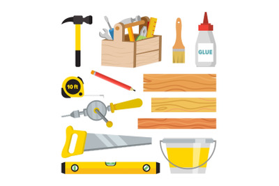 Carpentry And Woodwork Tools Set Vector. Repair And Building Accessories. Board, Hammer, Toolbox, Brush, Glue, Pencil, Tape Measure, Saw, Ruler, Bucket, Drill. Isolated Flat Cartoon Illustration