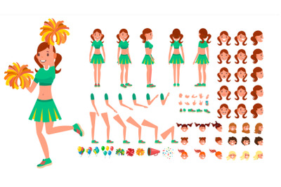 Cheerleader Girl Vector. Animated Character Creation Set. Sport Fan Dancing Cheerleading Woman. Full Length, Front, Side, Back View, Accessories, Poses, Face Emotions, Gestures. Isolated Flat Cartoon Illustration