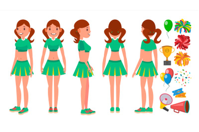 Cheerleaders Girls Set Vector. Different Poses. Dancing To Support Sport Soccer Team. Isolated Flat Cartoon Character Illustration