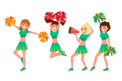 Cheerleading Team Vector. In Action. Sport Fan Dancing. Posing With Pompoms. Raising Hands Up. Competition. Flat Cartoon Illustration