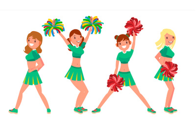 Female Cheerleader Vector. Different Poses. Dancing Sheerleading Woman Team. Gymnast Team In Uniform. Isolated On White Cartoon Character Illustration