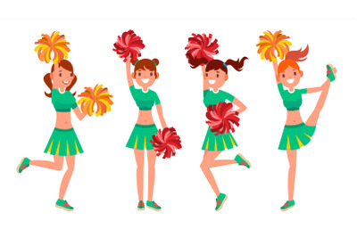 Cheerleader Girls Vector. In Action. Sport Fan Uniform. Football Support Female. Cartoon Character Illustration