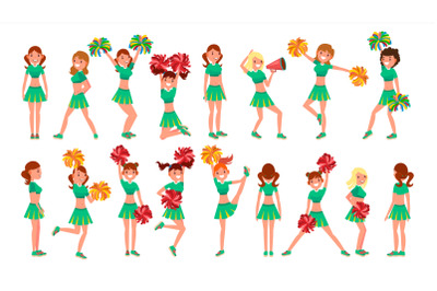 High-School Profession Cheerleading Teams Vector. In Action. Fans Girls Dancing With Pompoms. Jumping And Dancing Together. Cartoon Character Illustration