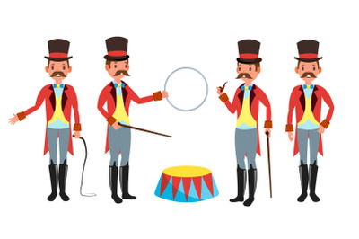 Circus Trainer Vector. Whip In His Hand. Classic Black Hat. Retro Flat Cartoon Illustration