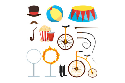 Circus Trainer Items Set Vector. Circus Accessories. Hat, Mustache, Ball, Podium, Stand, Whip, Tobacco, Popcorn, Soda, Bicycle, Fire Ring, Boots. Isolated Flat Cartoon Illustration