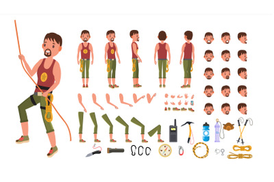 Rock Climber Male Vector. Animated Character Creation Set. Professional Mountain Climber Man. Full Length, Front, Side, Back View, Accessories, Poses, Face Emotions. Isolated Flat Cartoon Illustration