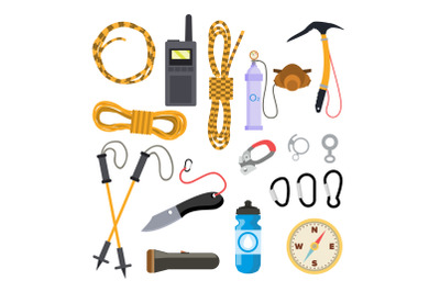 Climbing Icons Set Vector. Rock Trekking Equipment And Accessories. Isolated Flat Cartoon Illustration