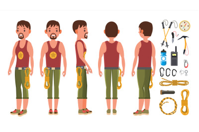 Rock Climber Male Set Vector. Rock Climbing Sport. Climbing A Mountain With A Rope. Extreme Hobby. Isolated Flat Cartoon Character Illustration