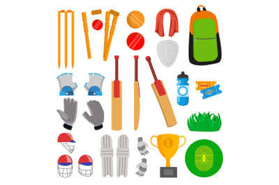 Cricket Icons Set Vector. Cricketer Accessories. Bat, Gloves, Helmet, Ball, Cup, Playing Field. Isolated Flat Cartoon Illustration