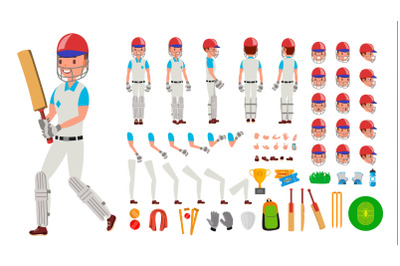 Cricket Player Male Vector. Sport Cricket Player Man. Cricketer Animated Character Creation Set. Full Length, Front, Side, Back View, Accessories, Poses, Emotions, Gestures. Isolated Flat Illustration