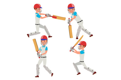 Cricket Player Vector. Wearing Sport Uniform Clothes. Different Poses. Cartoon Character Illustration