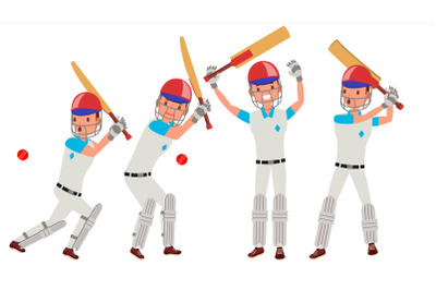 Cricket Player Vector. In Action. Cricket Team Character. Poses. Flat Cartoon Illustration