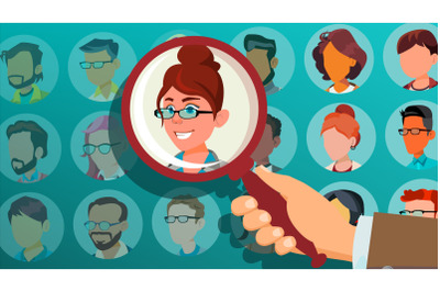 Human Recruitment Vector. Woman. Hand Picking Woman. Stand Out From Crowd. Business Team. Select Candidate Person. Pick From The Crowd. Employer Choice. Cartoon Illustration