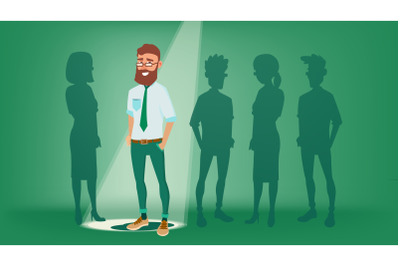 Man Stand Out From The Crowd Vector. Choosing Worker. Smiling Business Man. Standing Office Workers. Job And Staff, Human And Recruitment. Flat Illustration