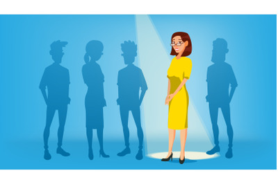 Woman Stand Out From The Crowd Vector. Job And Staff, Human And Recruitment. Business Success. Good Idea, Independence, Leadership. Flat Illustration