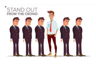 Man Stand Out From The Crowd Vector. Business Success. Good Idea, Independence, Leadership. Flat Illustration