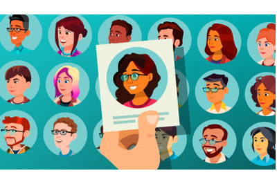 Human Recruitment Vector. Woman. Human Recruitment. Selected Group Of People. Pick From The Crowd. Cartoon Illustration